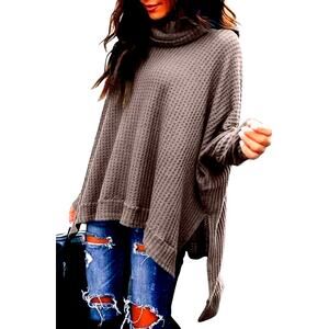 Oversized Tunic Sweater Batwing Waffle Knit Split Hem Pullover Top Khaki Grey M